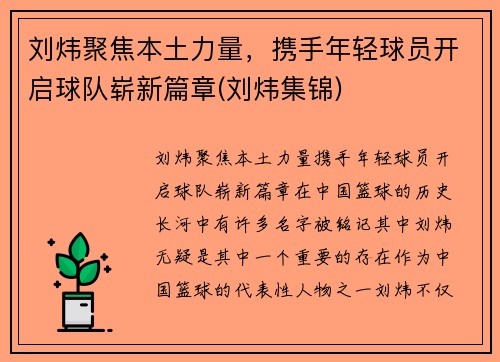 刘炜聚焦本土力量，携手年轻球员开启球队崭新篇章(刘炜集锦)