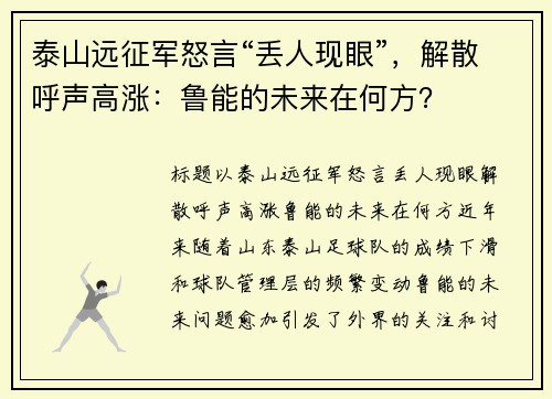 泰山远征军怒言“丢人现眼”，解散呼声高涨：鲁能的未来在何方？