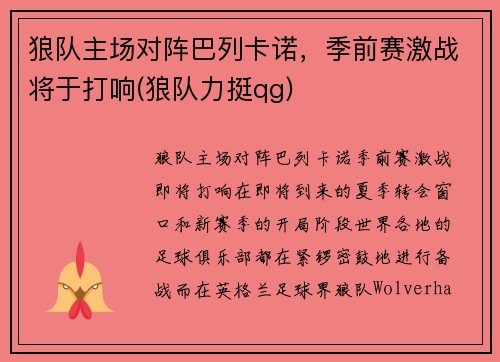 狼队主场对阵巴列卡诺，季前赛激战将于打响(狼队力挺qg)