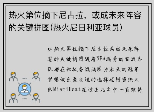 热火第位摘下尼古拉，或成未来阵容的关键拼图(热火尼日利亚球员)