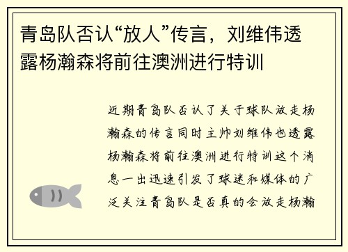 青岛队否认“放人”传言，刘维伟透露杨瀚森将前往澳洲进行特训
