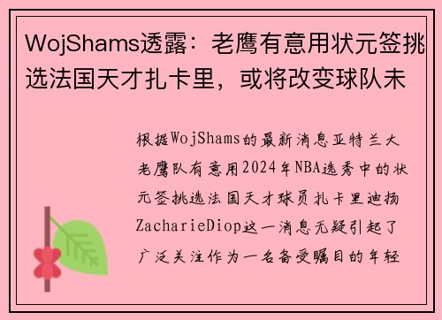 WojShams透露：老鹰有意用状元签挑选法国天才扎卡里，或将改变球队未来