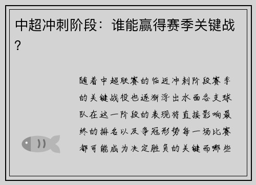 中超冲刺阶段：谁能赢得赛季关键战？