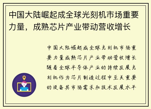 中国大陆崛起成全球光刻机市场重要力量，成熟芯片产业带动营收增长