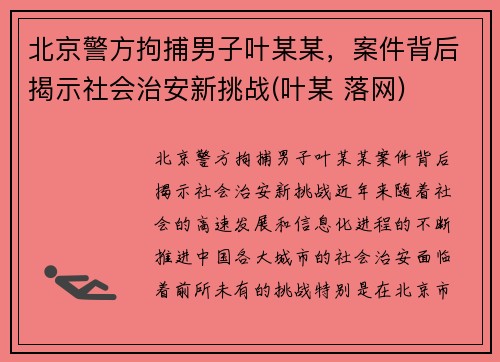 北京警方拘捕男子叶某某，案件背后揭示社会治安新挑战(叶某 落网)